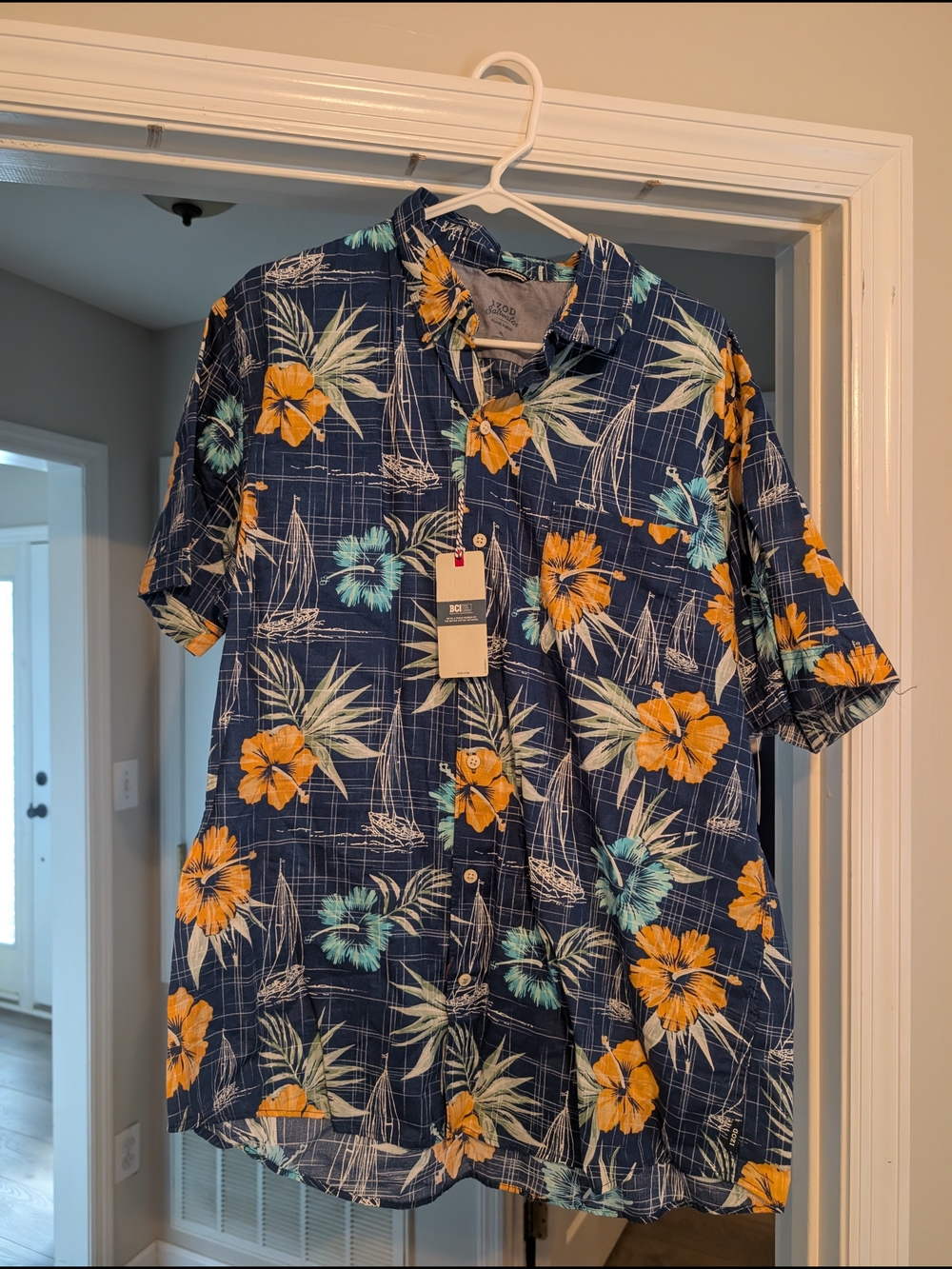 Izod Navy Short-Sleeve Button-Down Shirt with Yellow & Teal Floral Print